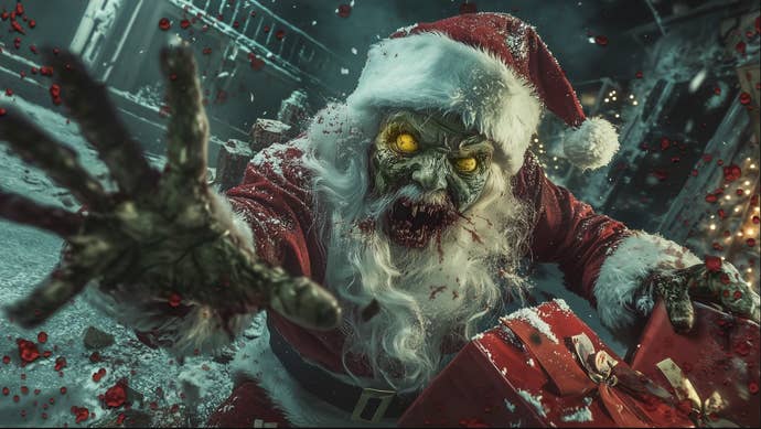 A clear AI image of Zombie Santa from Black Ops 6.