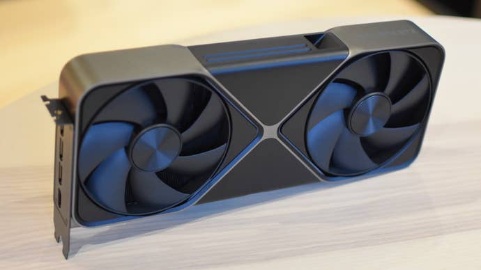 The NVIDIA GeForce RTX 5080 version has been on its side, with its double fans displayed.