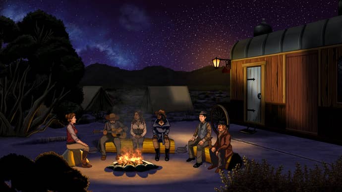 The characters snuggled around the campfire in Rosewater.
