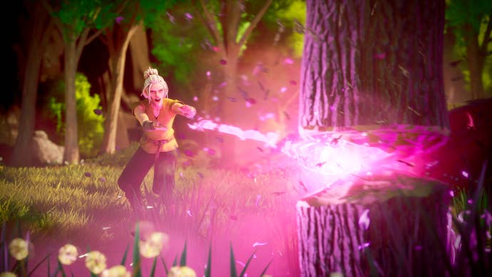 A player uses magic to get down a tree in Runescape: Dragon