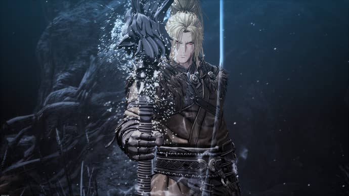 A blonde character carries a team of glowing staff with white sprays.