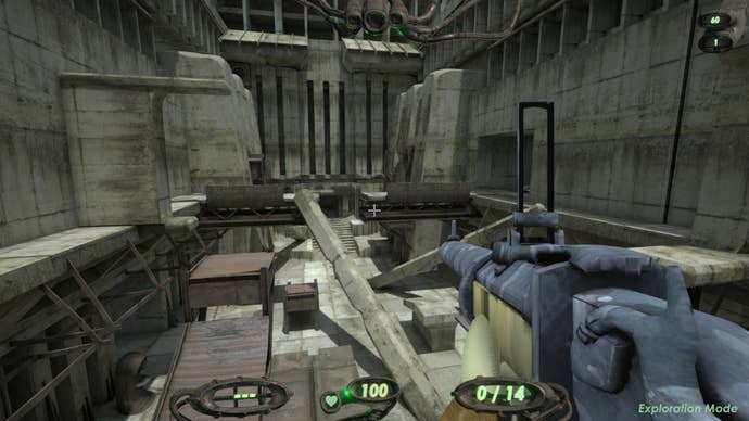 Players look down on a spacious concrete corridor with debris and rubble.