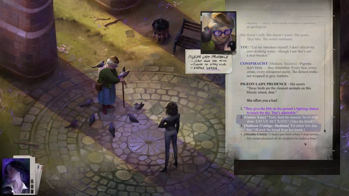 The protagonist talked to a woman who raised pigeons in Hopetown role -playing game.