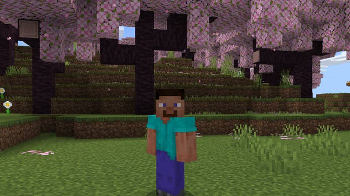 Steve's vanilla minecraft screenshot under cherry blossom trees.
