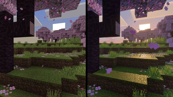 Before and after comparing green surface areas with blooming trees using the vibrant image update of Minecraft