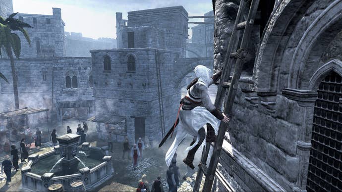 An assassin with a white hood expanded a ladder on a wall of the initial assassin's creed.