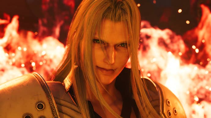 Final Fantasy 7 Rebirth Villain Sephiroth looks like an annoying work in some flames.