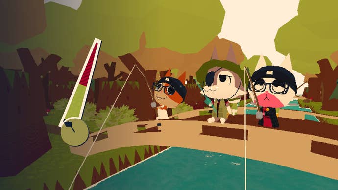Three animals stood fishing on a bridge in the webfishing.