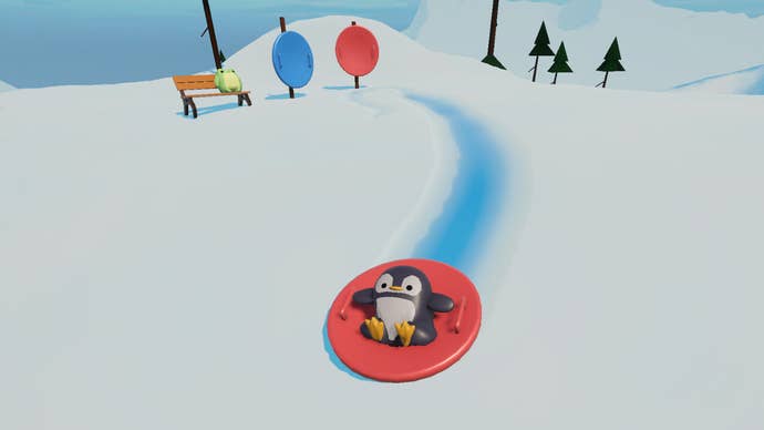 A penguin slid down a snow hill while a frog lying on a bench at the back.
