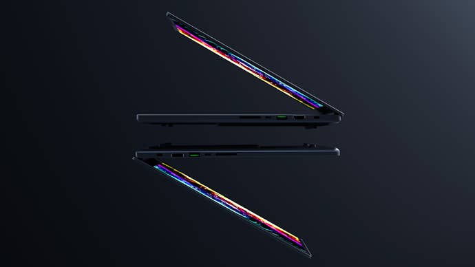 Two Razer 16 2025 gaming laptops, in the file, on the dark background.